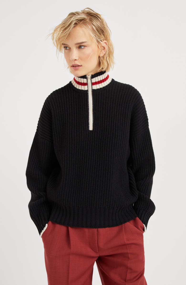 Brunello Cucinelli Cashmere Feather yarn English rib turtleneck sweater with shiny half zip, Alternate, color, 