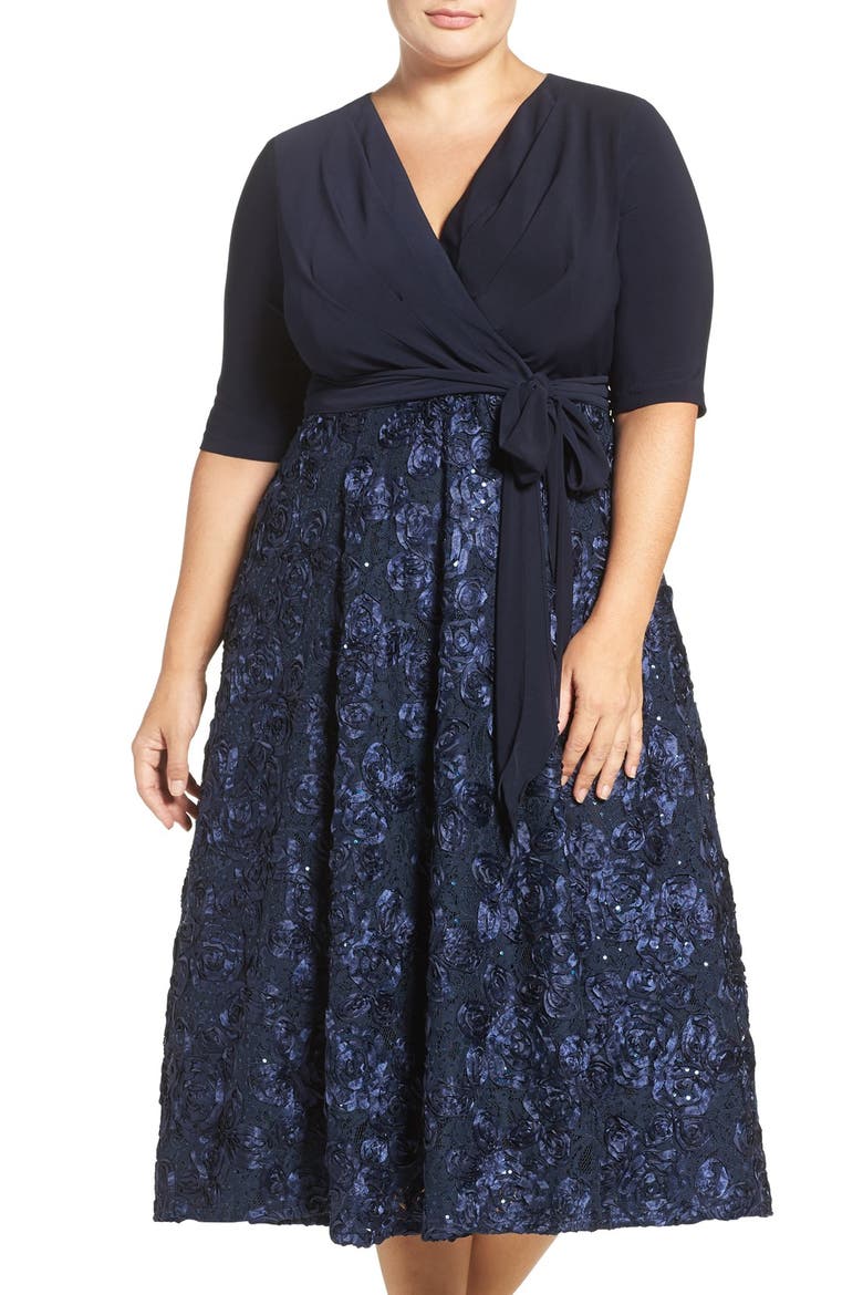 Tea Length Jersey & Rosette Lace Dress, Main, color, NAVY