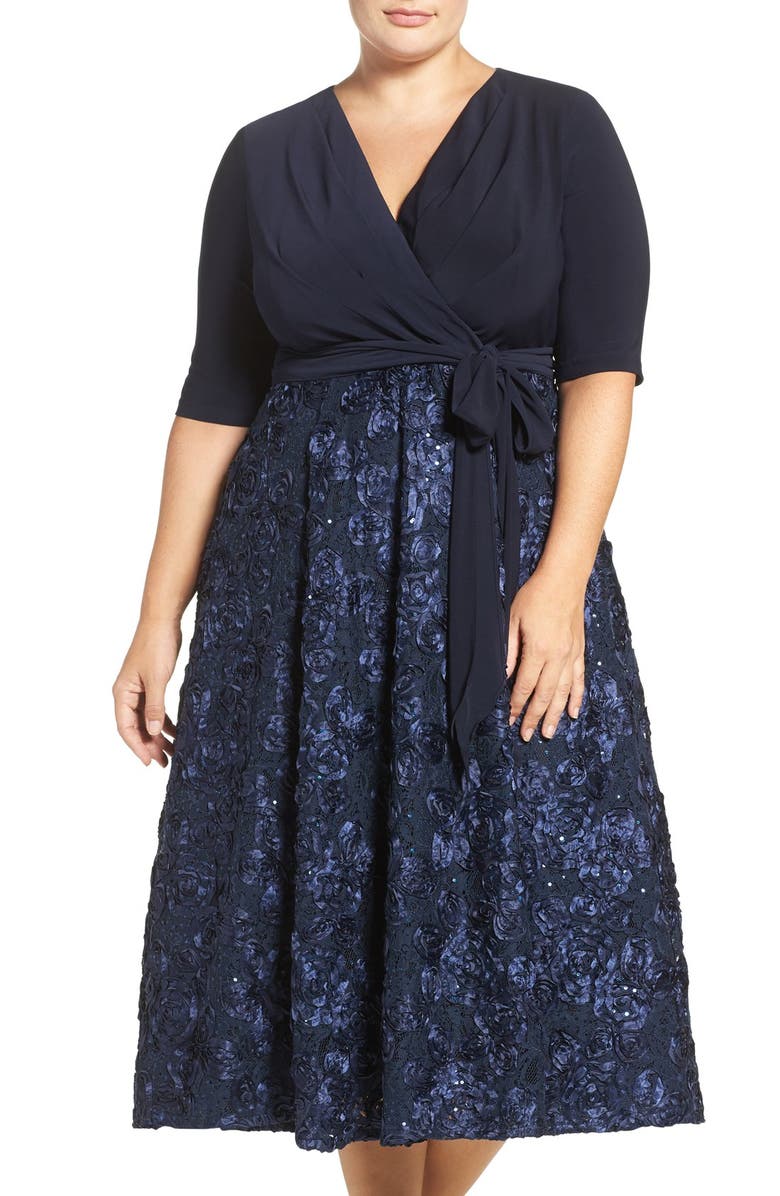Alex Evenings Tea Length Jersey & Rosette Lace Dress, Main, color, Navy