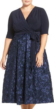 Alex Evenings Tea Length Jersey & Rosette Lace Dress