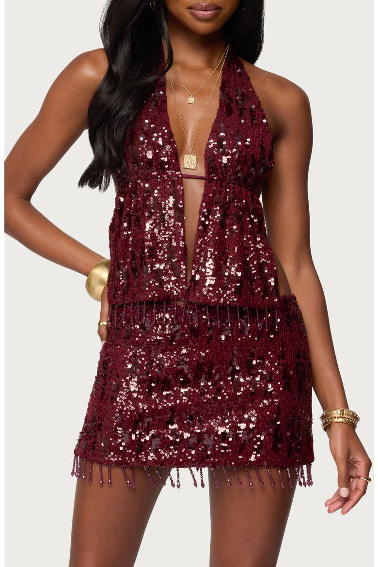 Dalis Fringe Sequin Halter Top, Main, color, BURGUNDY