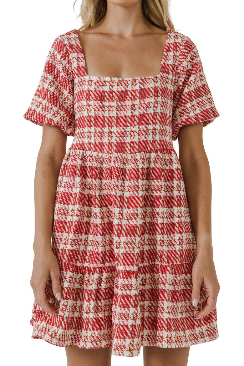 Tweed Babydoll Minidress, Alternate, color, RED MULTI