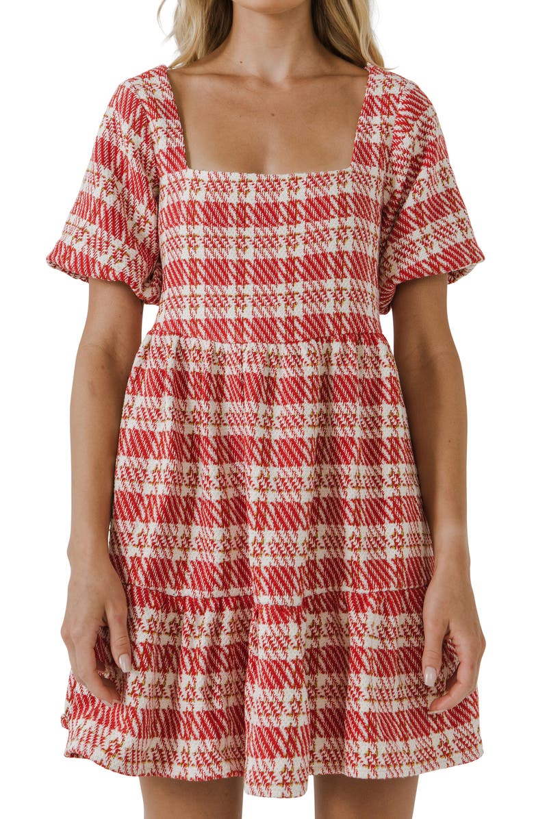 English Factory Tweed Babydoll Minidress, Alternate, color, Red Multi
