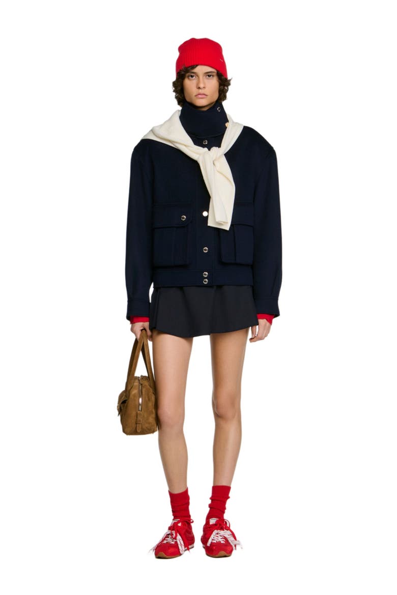 Double-faced standing collar coat, Alternate, color, Navy blue