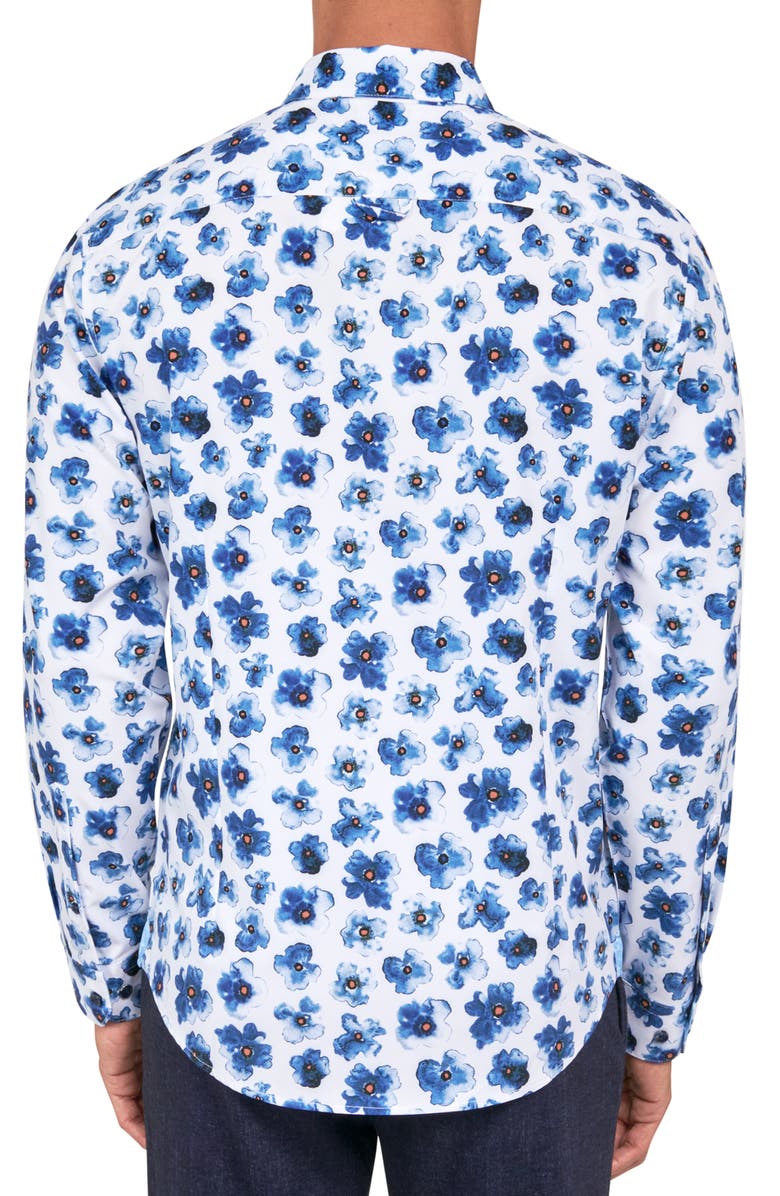 Brooklyn Brigade Slim Fit Watercolor Floral 4-Way Stretch Performance Long Sleeve Shirt, Alternate, color, Blue