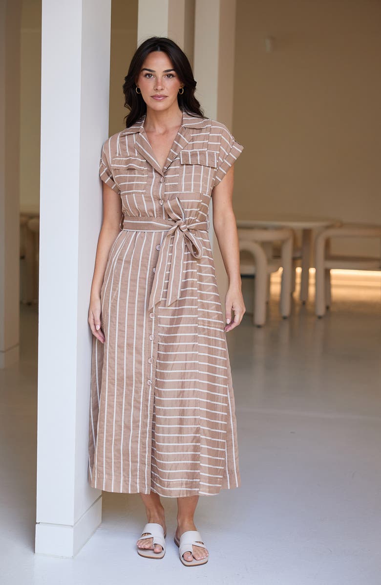 Brave+True Portia Stripe Maxi Shirtdress, Alternate, color, Latte Stripe