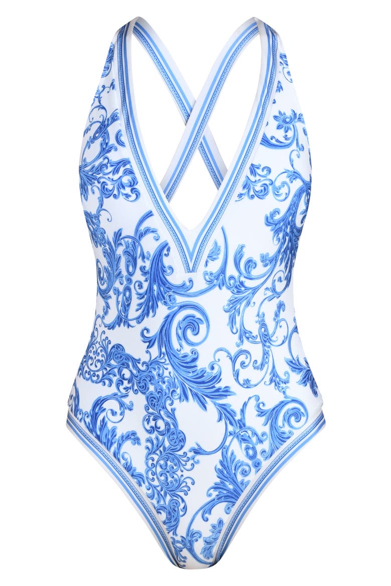 Lisa Baroque Plunge One-Piece Swimsuit, Alternate, color, BLUE