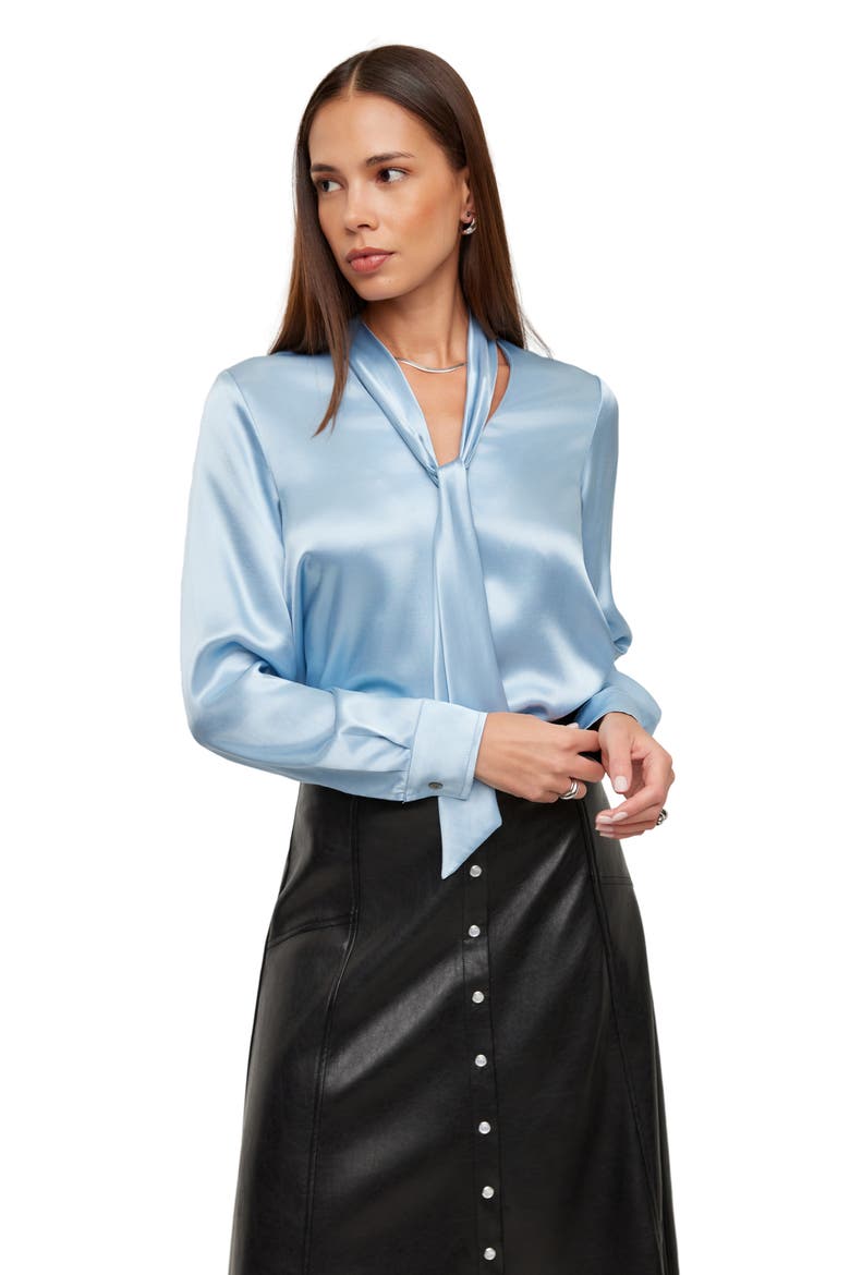 Patty Tie Neck Satin Shirt, Alternate, color, GLACIER