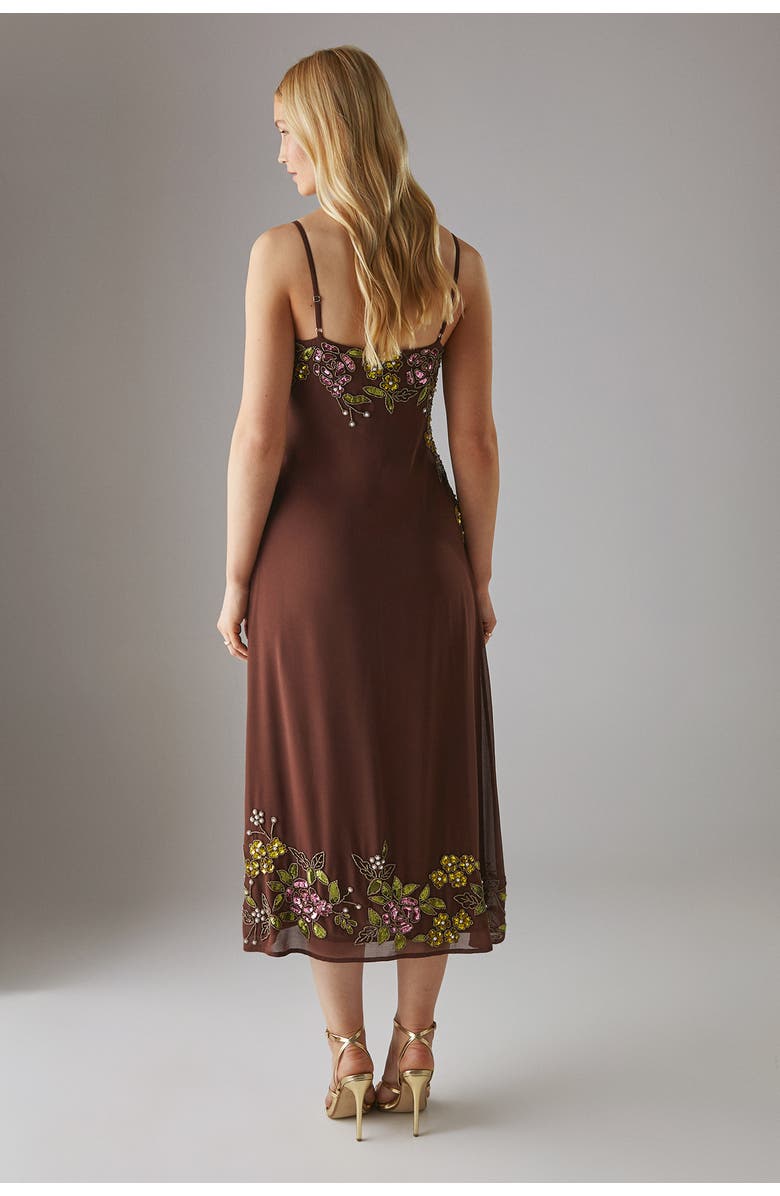 Warehouse Embellished Strappy Sequin Midi Dress, Alternate, color, Chocolate