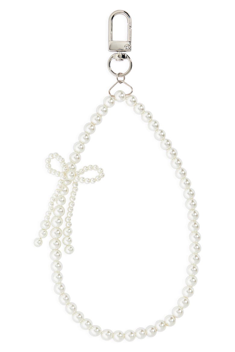 Faux Pearl Bow Phone Wrist Strap Charm, Main, color, IVORY