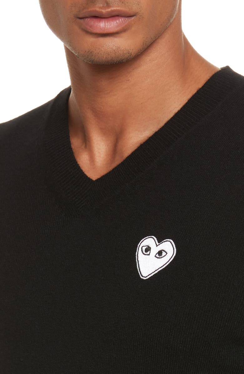 Comme des Garçons PLAY White Heart Wool V-Neck Sweater, Alternate, color,