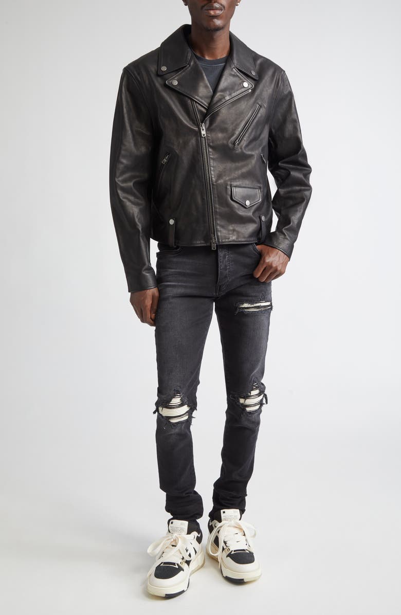 AMIRI Hollywood Appliqué Leather Biker Jacket, Alternate, color, Black