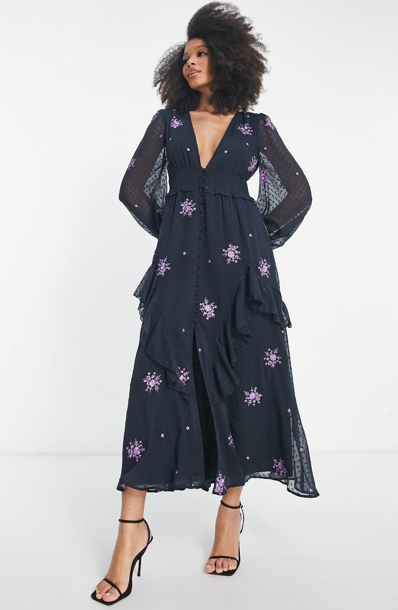 ASOS DESIGN Floral Embroidered Long Sleeve Midi Dress, Main, color, 