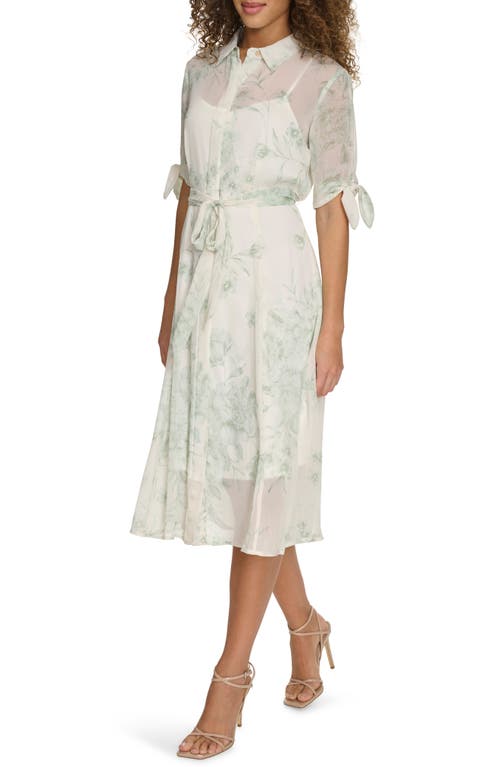 Calvin Klein Floral Tie Sleeve Chiffon Shirtdress In Cream Multi