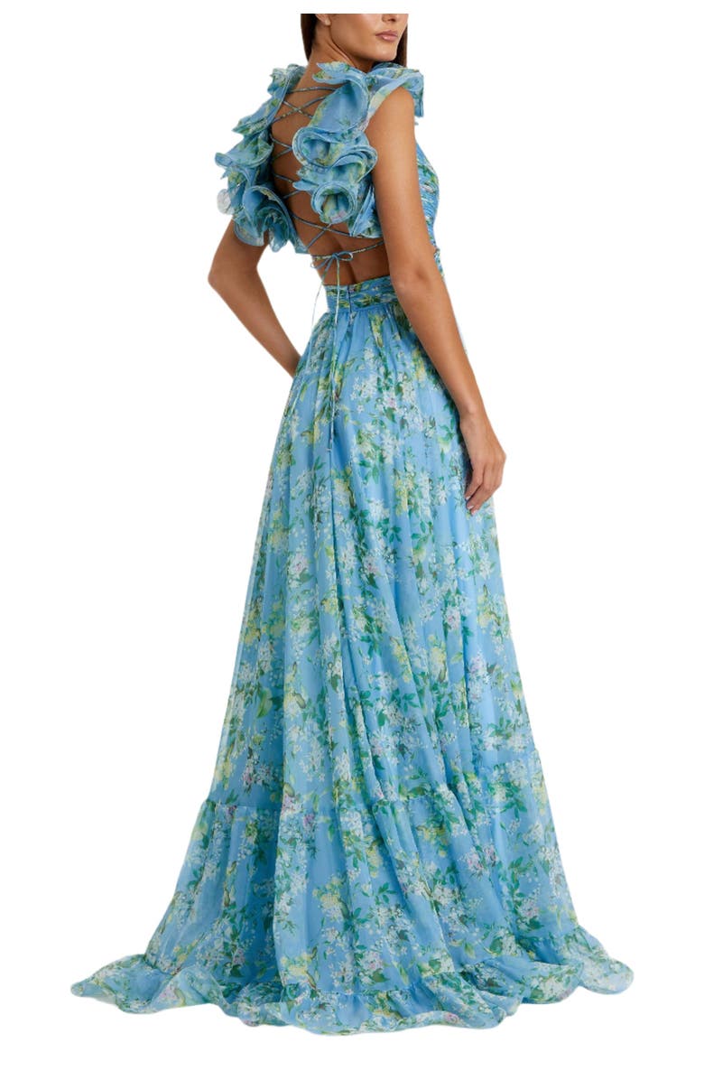 Mac Duggal Ruffle Tiered Floral Cut-Out Chiffon Gown, Alternate, color, Blue Multi
