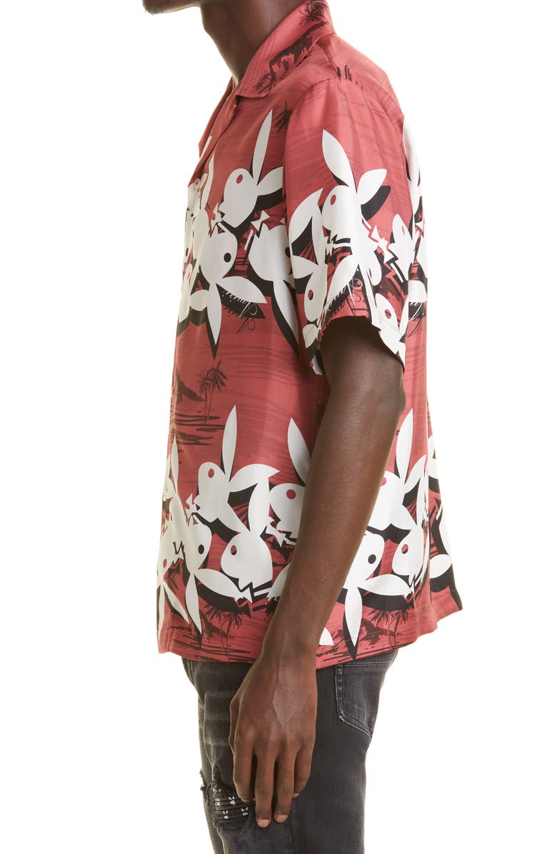 AMIRI Playboy Bunny Logo Silk Camp Shirt, Alternate, color,