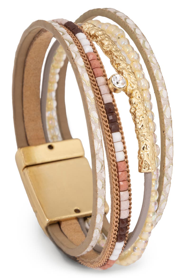 Layered Beaded Faux Leather Bracelet, Main, color, BEIGE