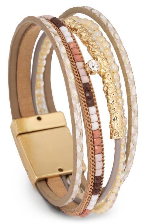 Layered Beaded Faux Leather Bracelet