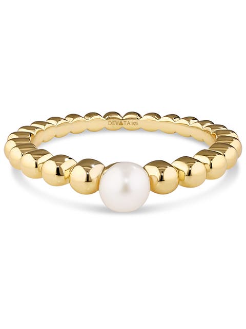 Freshwater Pearl on Beaded Ball Ring in Gold Plated Sterling Silver