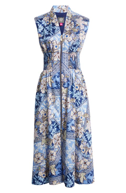 Scarf Print Zip Front Midi Dress