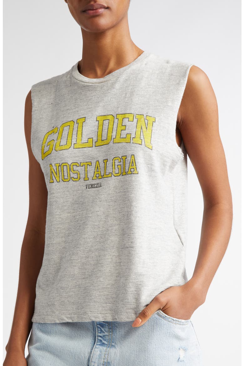 Slim Fit Distressed Graphic Tank, Alternate, color, GREY MELANGE/ YELLOW