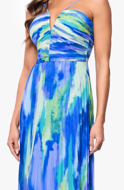 Shop Xscape Evenings Print Pleated Gown In Lime/blue