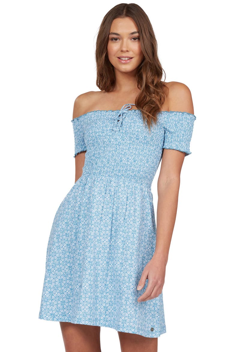 Off the Shoulder Smocked Cotton Dress, Alternate, color, ADRIATIC BLUE TAPA