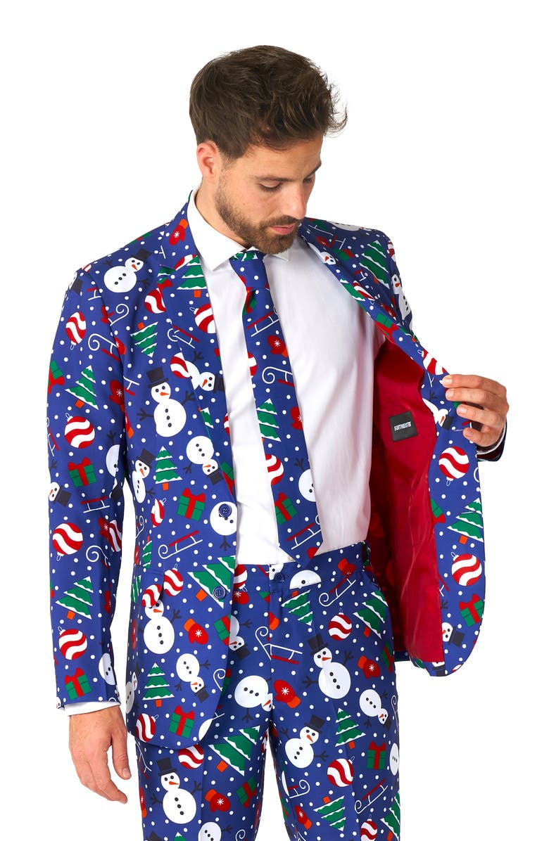 OppoSuits Christmas Snowman Trim Fit Suit & Tie, Alternate, color, Blue