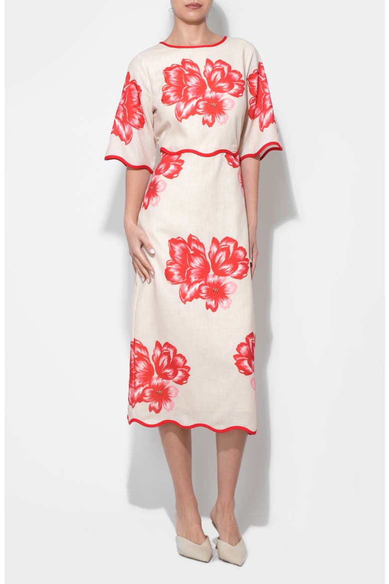 Sonia Floral Print Midi Dress, Alternate, color, CREAM/ RED