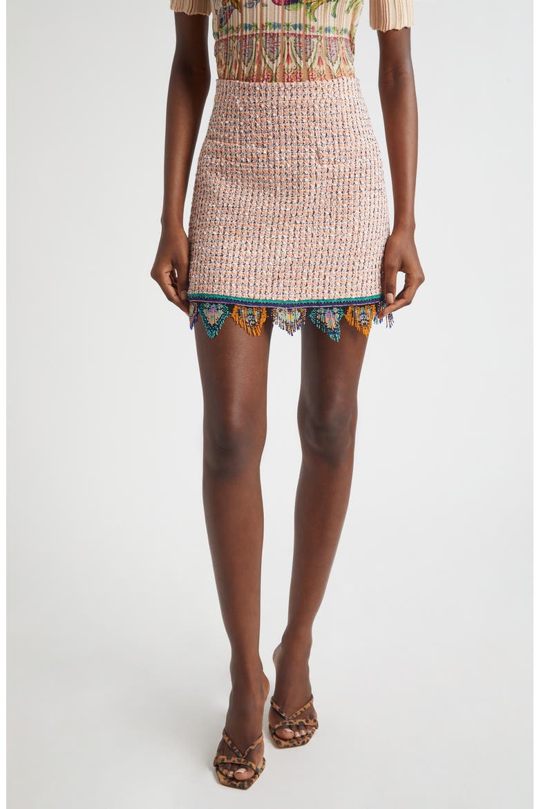 Bead Fringe Tweed Miniskirt, Main, color, MULTICOLOR ORANGE BASE