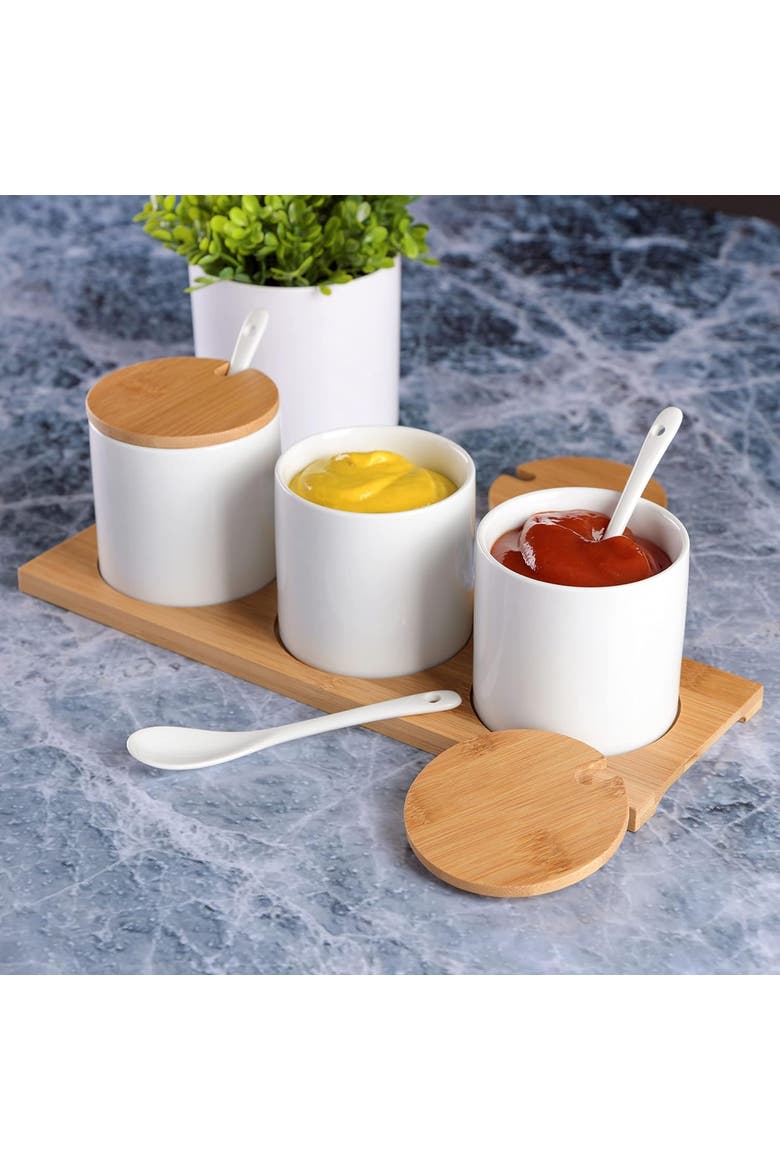 Gracious Dining 10 Piece Fine Ceramic Condiment Jars with Lids and Spoons, Alternate, color, White