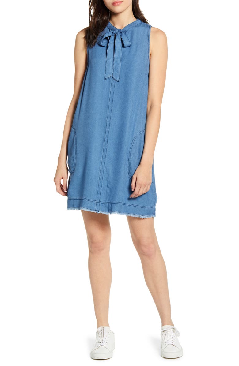 Splendid Tie Neck Sleeveless Chambray Shift Dress, Main, color,