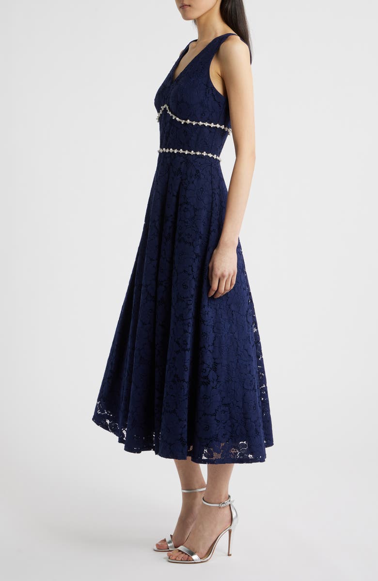 Tahari ASL Faux Pearl & Rhinestone Detail Floral Lace Cocktail Midi Dress, Alternate, color, Navy