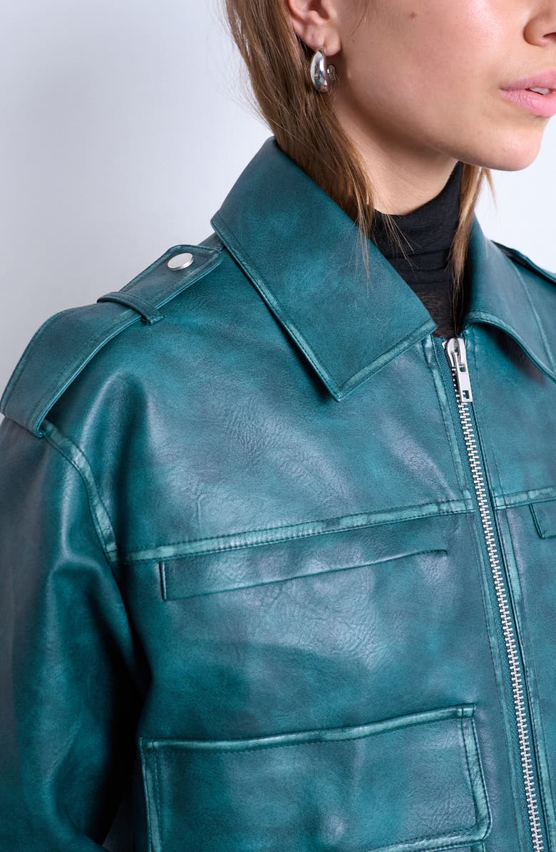 Topshop Washed Faux Leather Zip Jacket, Alternate, color, Turquoise