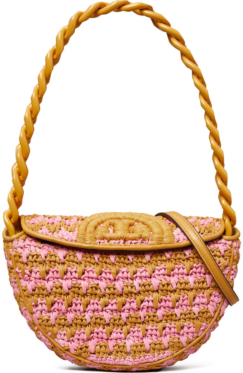 Tory Burch Mini Fleming Soft Raffia Crochet Crescent Shoulder Bag, Main, color,