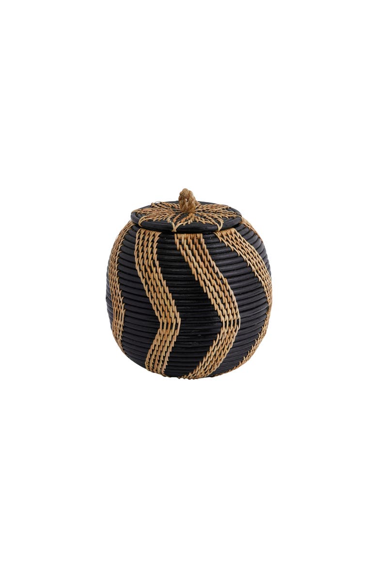 Decorative Handwoven Rattan Storage Basket Storage with Lid, Natural and Black, Main, color, Black