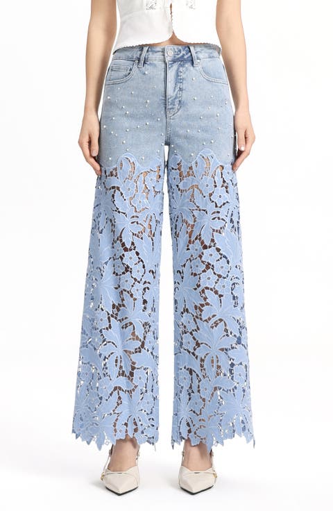 Embellished Eyelet High Waist Wide Leg Jeans