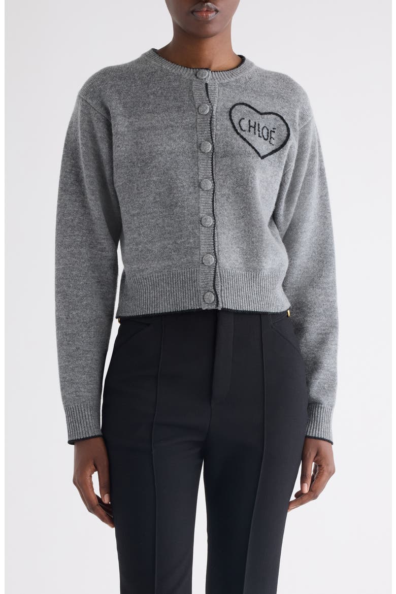 Embroidered Logo Crop Wool & Cashmere Cardigan, Main, color, DIVINE GREY
