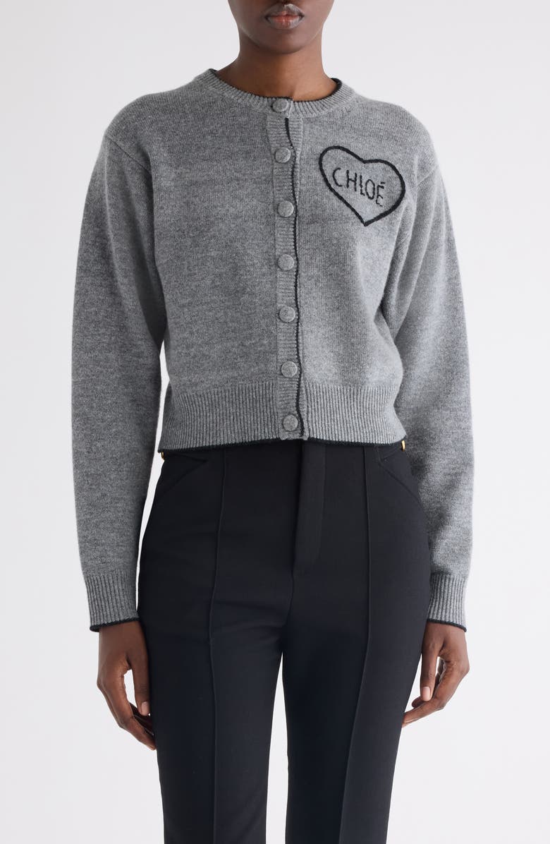 Chloé Embroidered Logo Crop Wool & Cashmere Cardigan, Main, color, Divine Grey