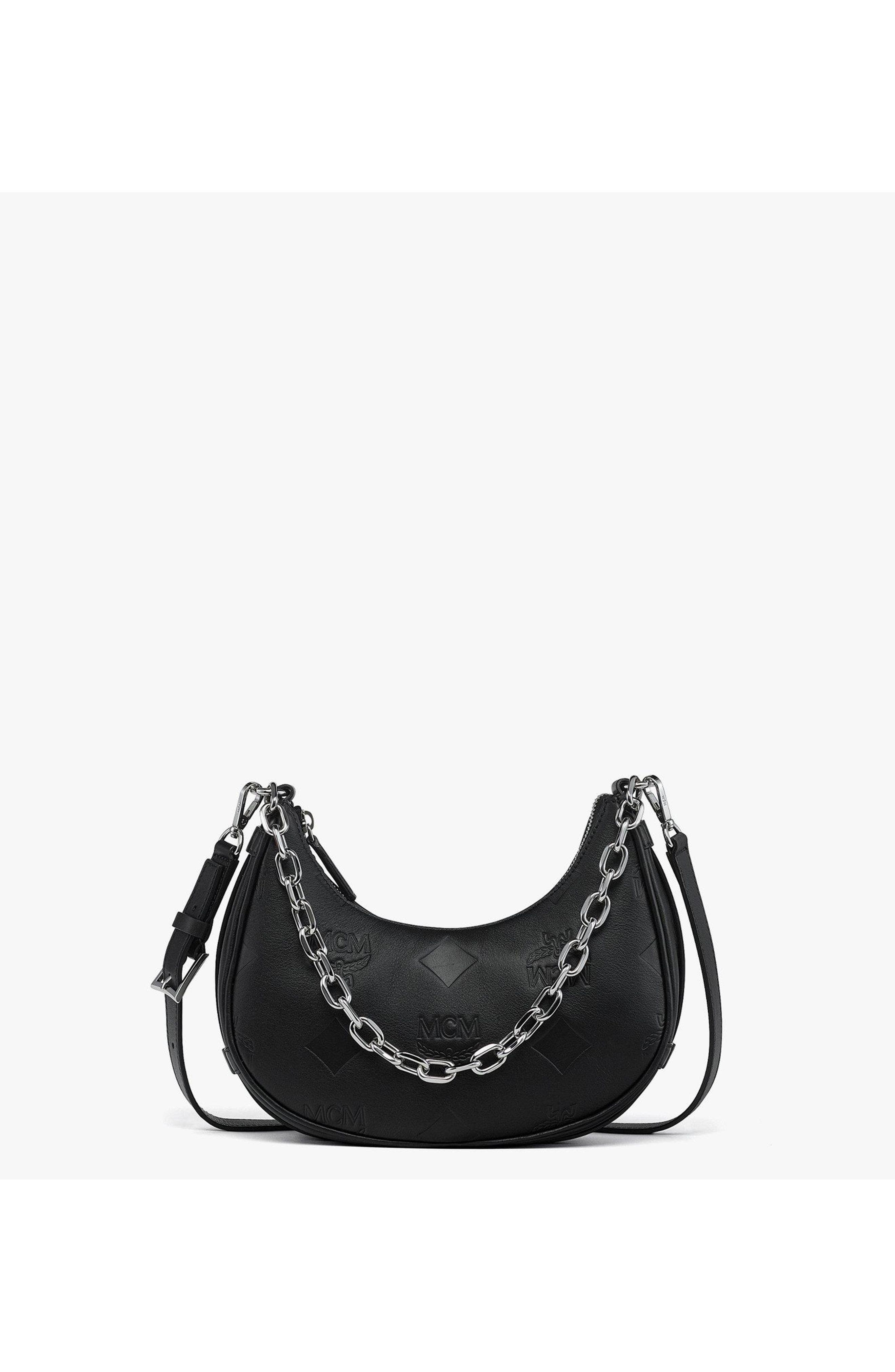 MCM Aren Crescent Hobo Bag in Maxi Monogram Leather, Alternate, color, Black