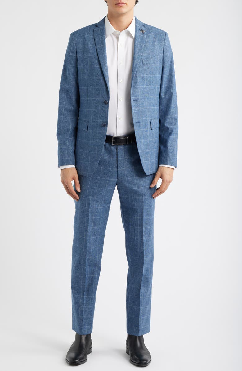John Varvatos Star USA Varick Slim Fit Blue Glen Check Wool & Cotton Blend Suit, Main, color, Light Blue