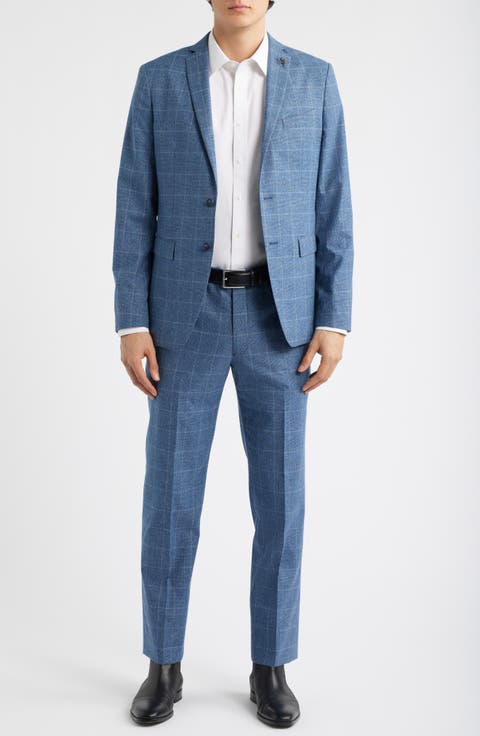 Varick Slim Fit Blue Glen Check Wool & Cotton Blend Suit