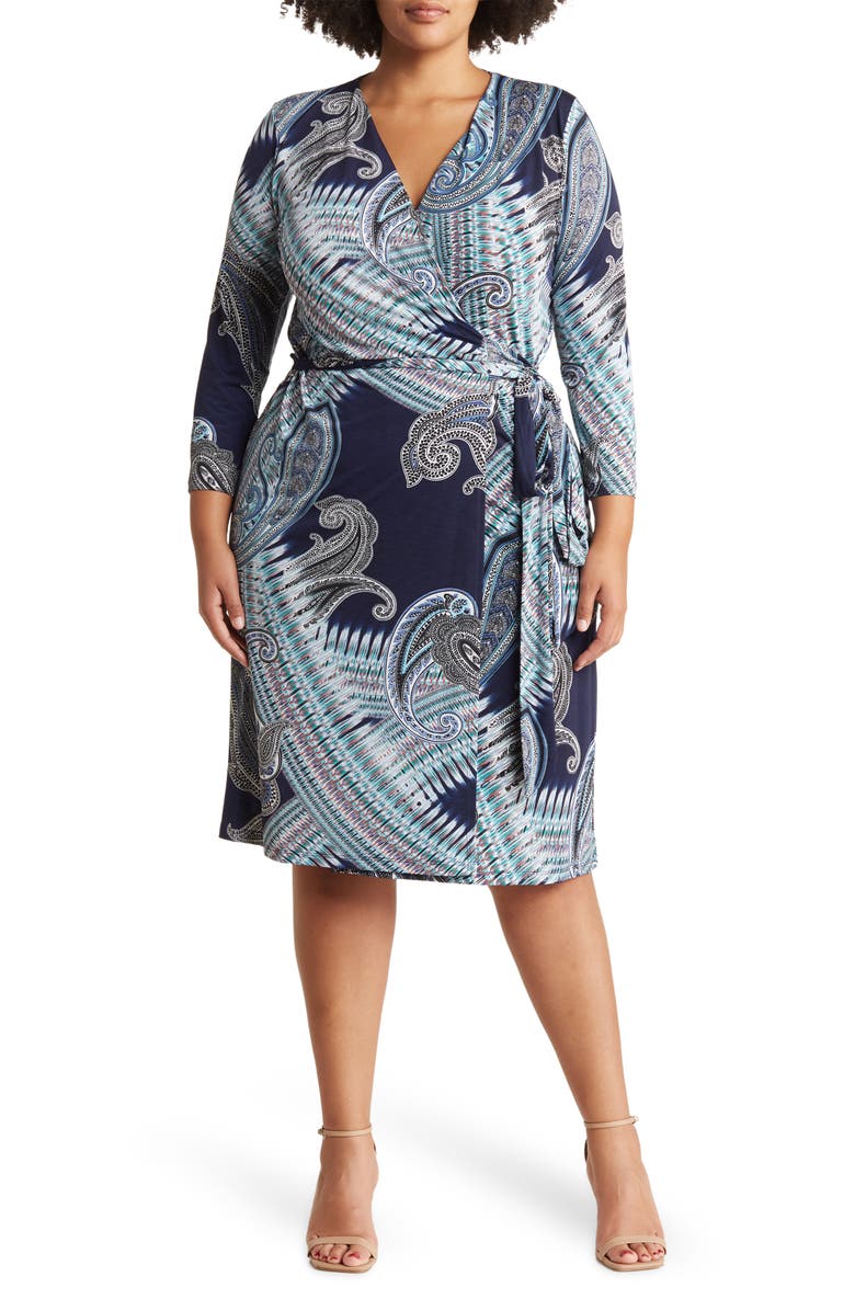 Renee C Paisley Print Jersey Wrap Dress, Main, color, Navy