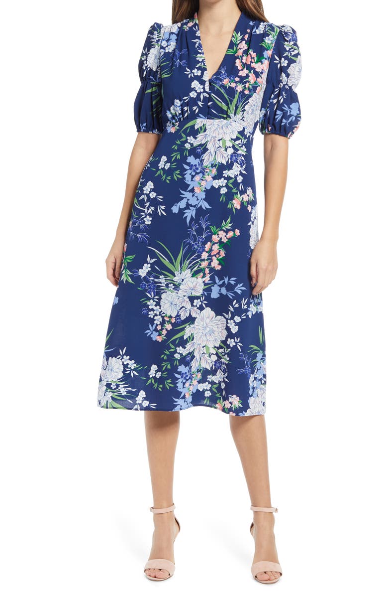 Vince Camuto Floral Puff Sleeve Pebble Crepe Midi Dress, Main, color, 