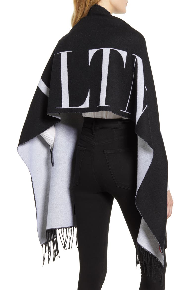 Valentino Jacquard Wool Cape Scarf, Alternate, color, NERO/ AVORIO