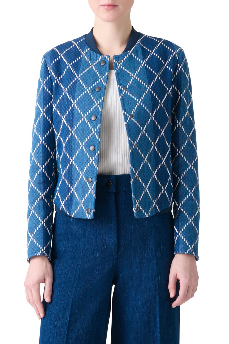 Diamond Jacquard Crop Bomber Jacket, Main, color, MEDIUM DENIM-CREAM