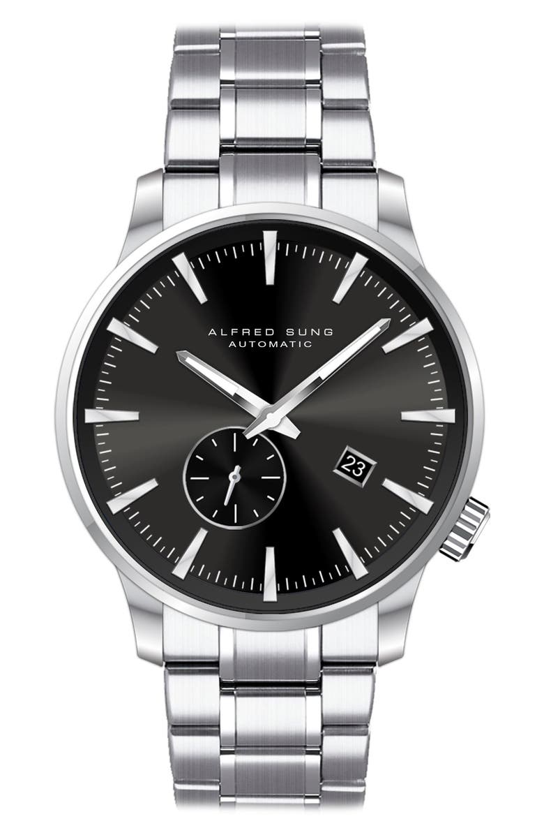 Alfred Sung Bracelet Strap Automatic Watch, 43mm, Main, color, Silver Bracelet Black Dial