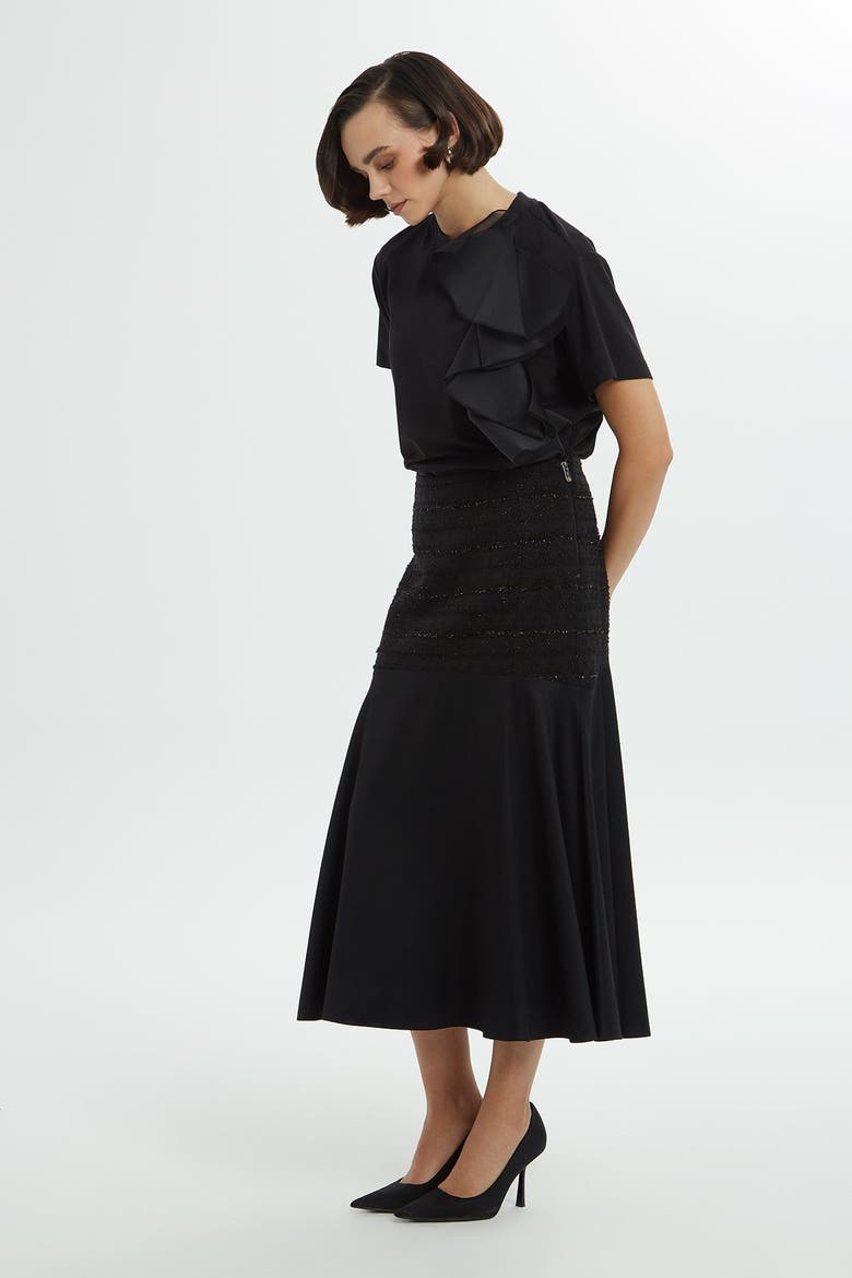 Sequin Upper Side-Zip Black Statement Midi Skirt, Alternate, color, Black