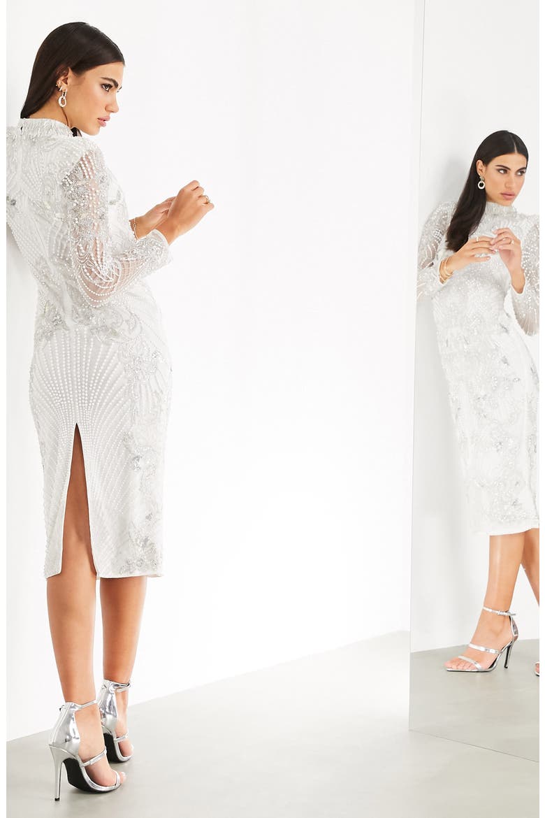 Imitation Pearl Long Sleeve Midi Dress, Alternate, color, WHITE