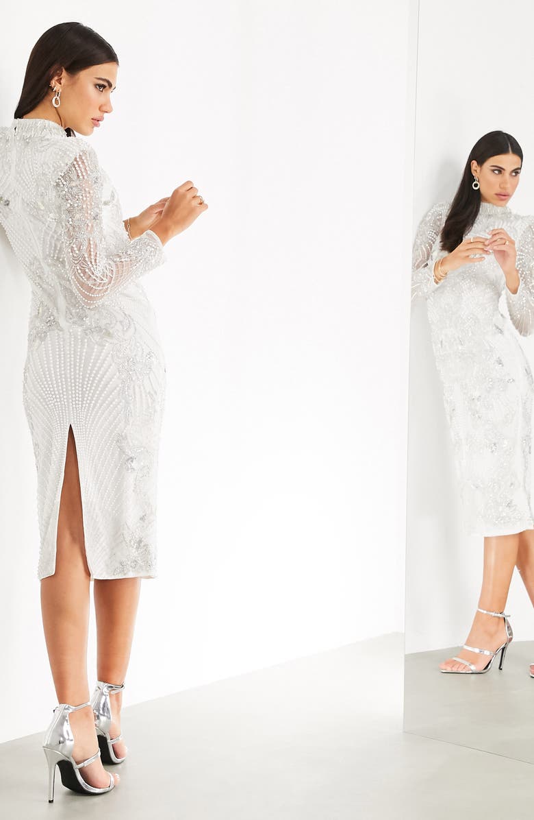 ASOS DESIGN Imitation Pearl Long Sleeve Midi Dress, Alternate, color,